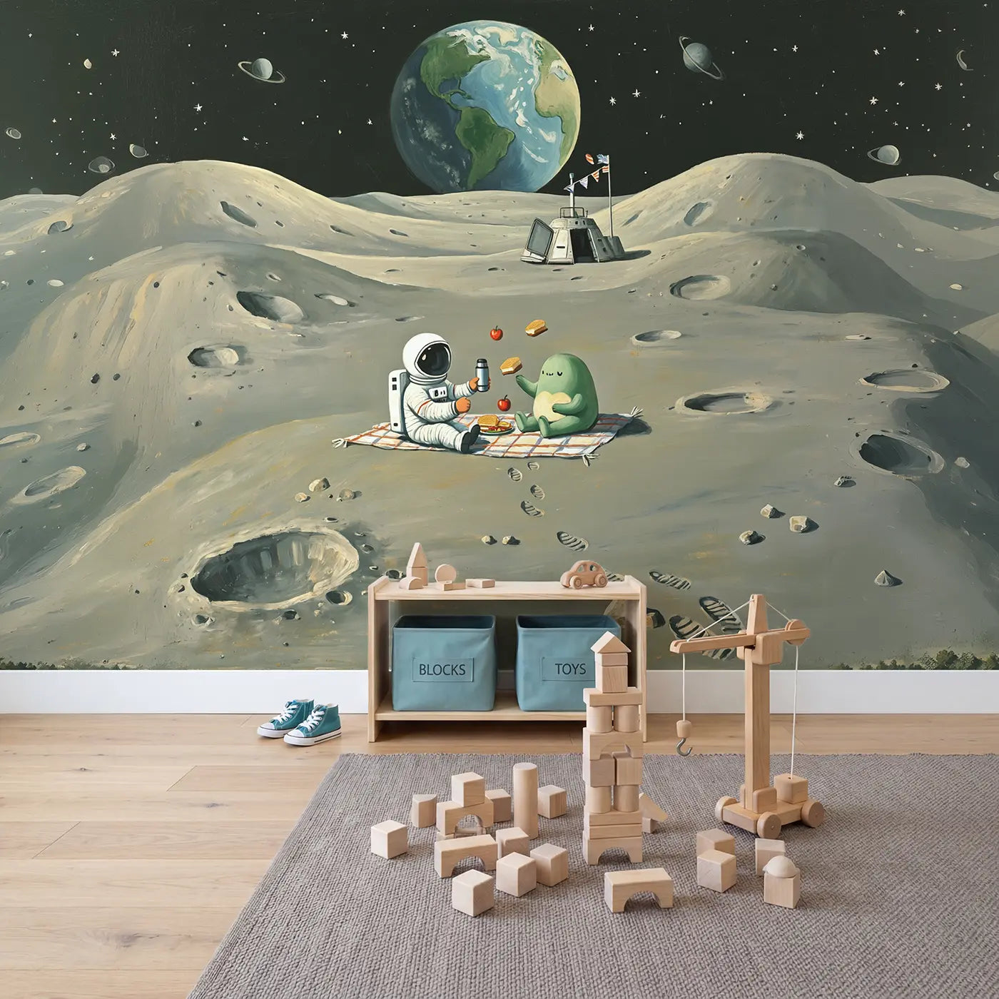 Moon Picnic Astronaut and Alien Wallpaper Mural in playroom setting by Whimsy Tots