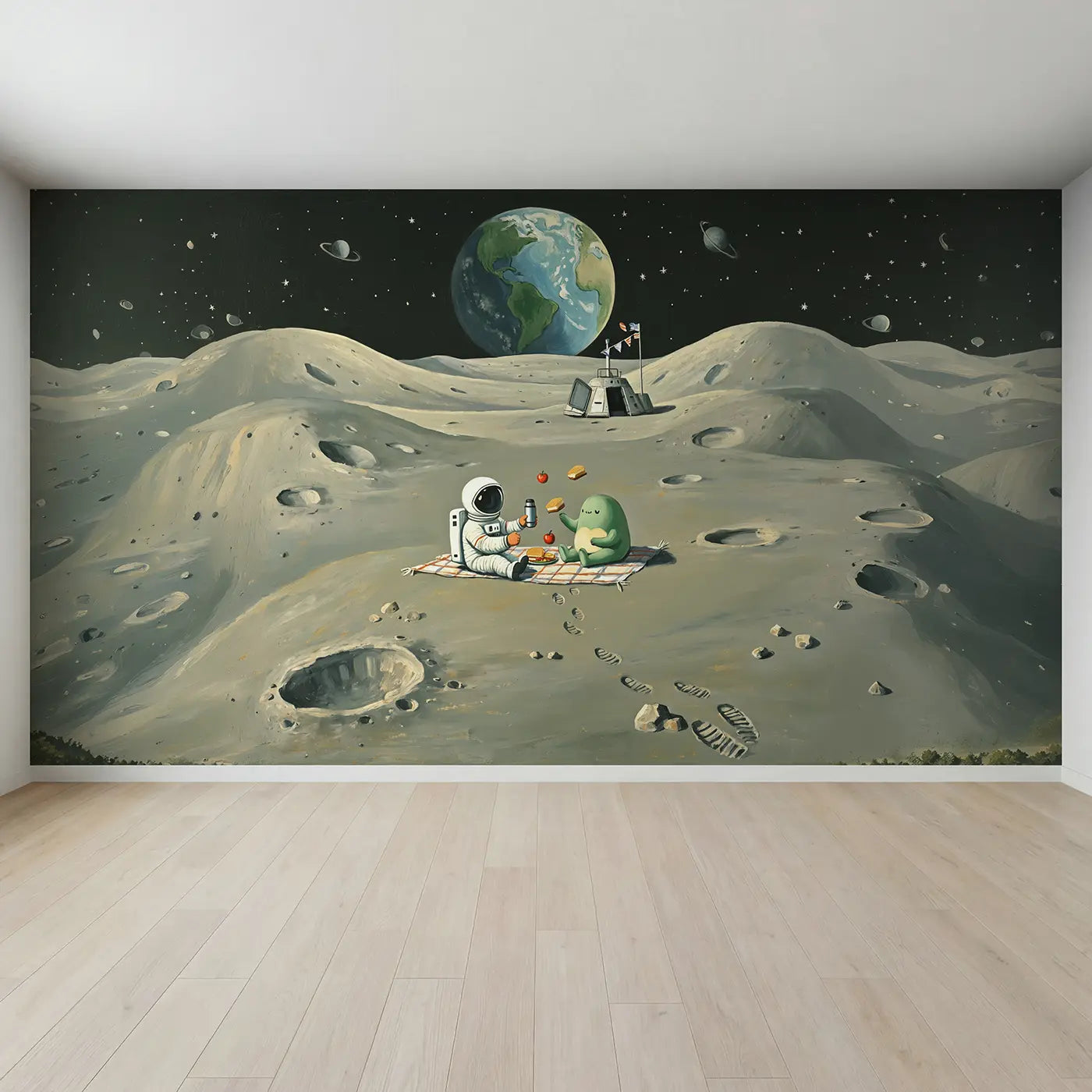 Full view of Moon Picnic Astronaut and Alien Wallpaper Mural by Whimsy Tots