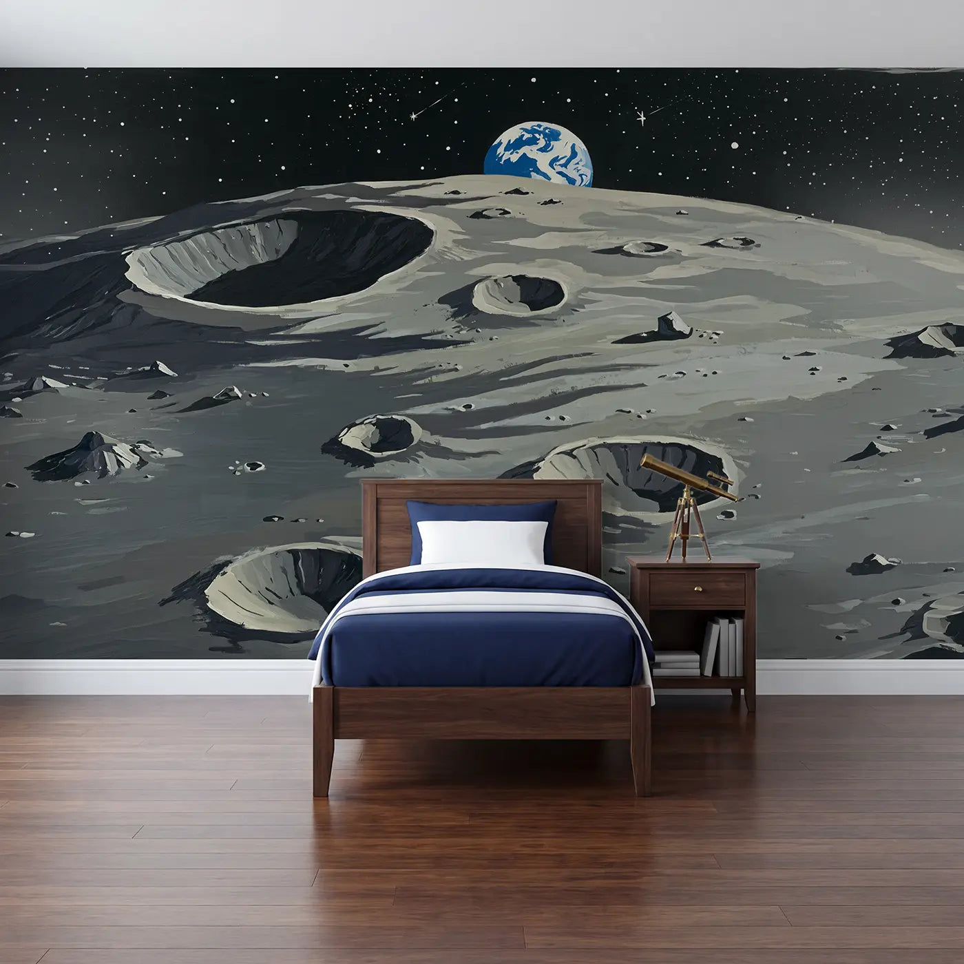 Modern illustration earthrise from moon surface wallpaper mural for kids room by Whimsy Tots