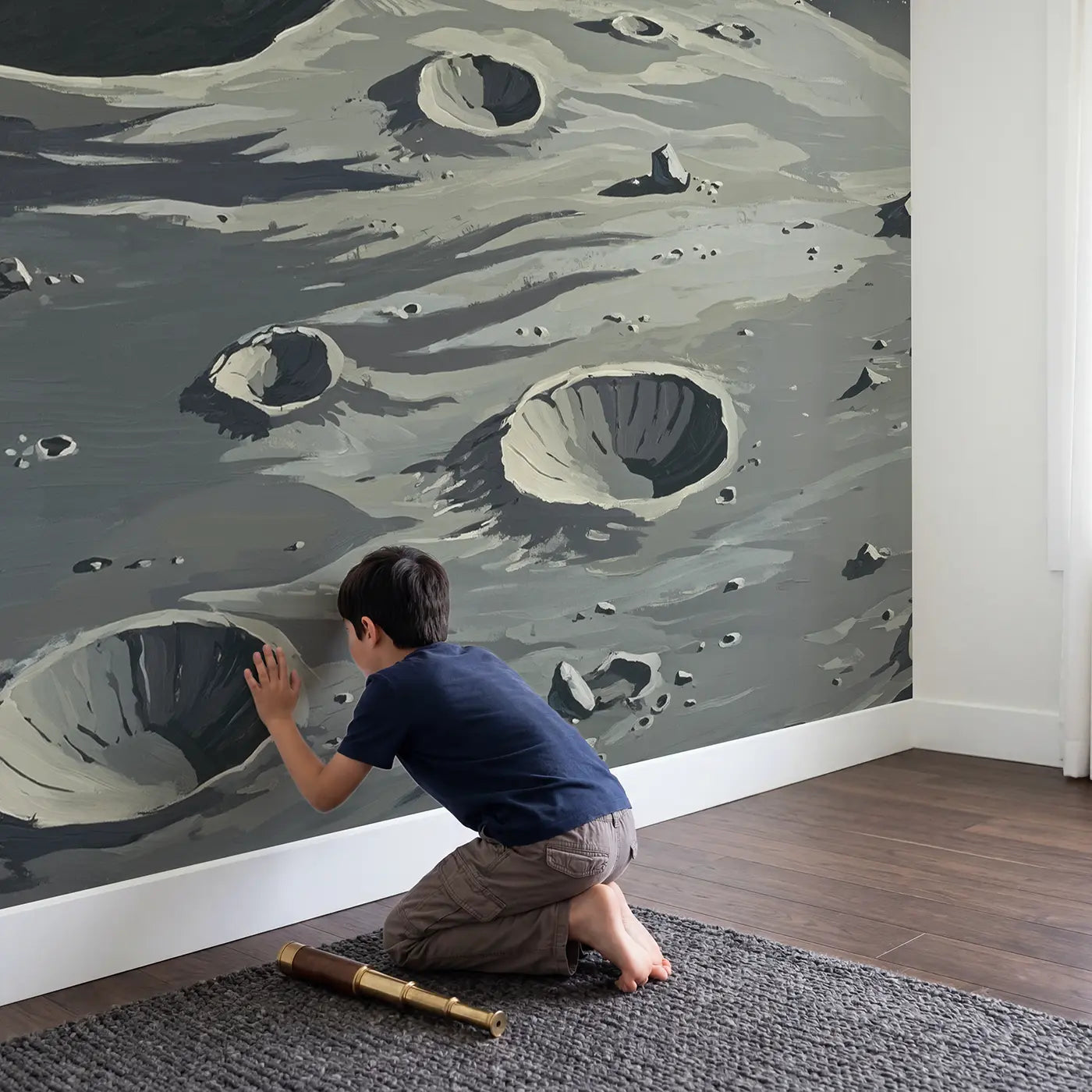 Child in nursery with Earthrise from Moon Surface Wallpaper Mural by Whimsy Tots