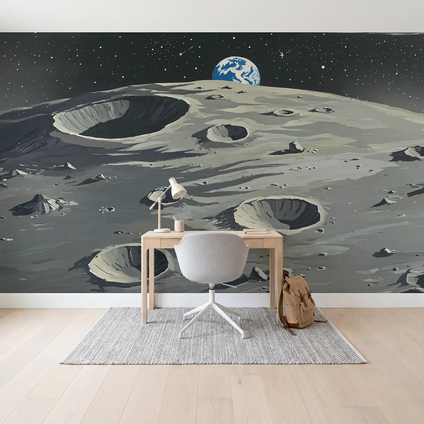 Earthrise from Moon Surface Wallpaper Mural in playroom setting by Whimsy Tots
