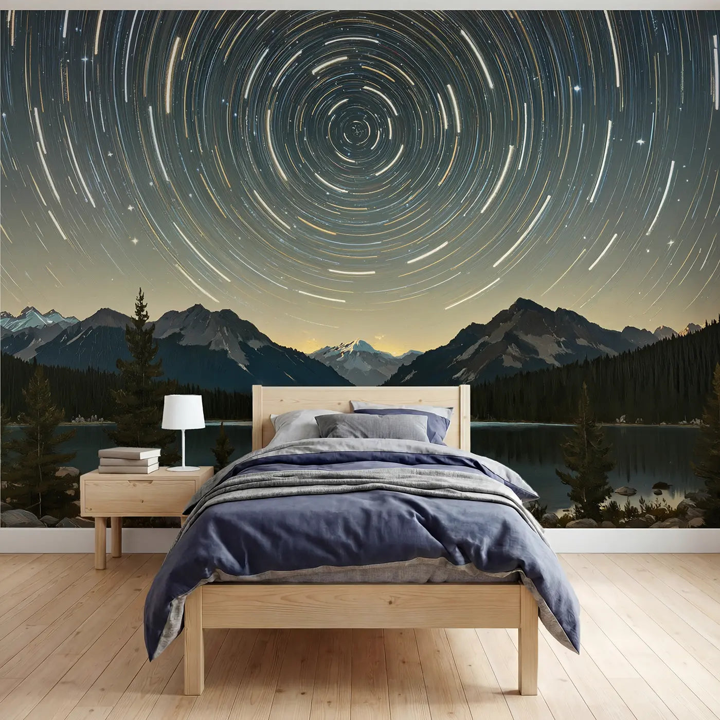 Painted landscape star trails over mountains wallpaper mural for boys room by Whimsy Tots