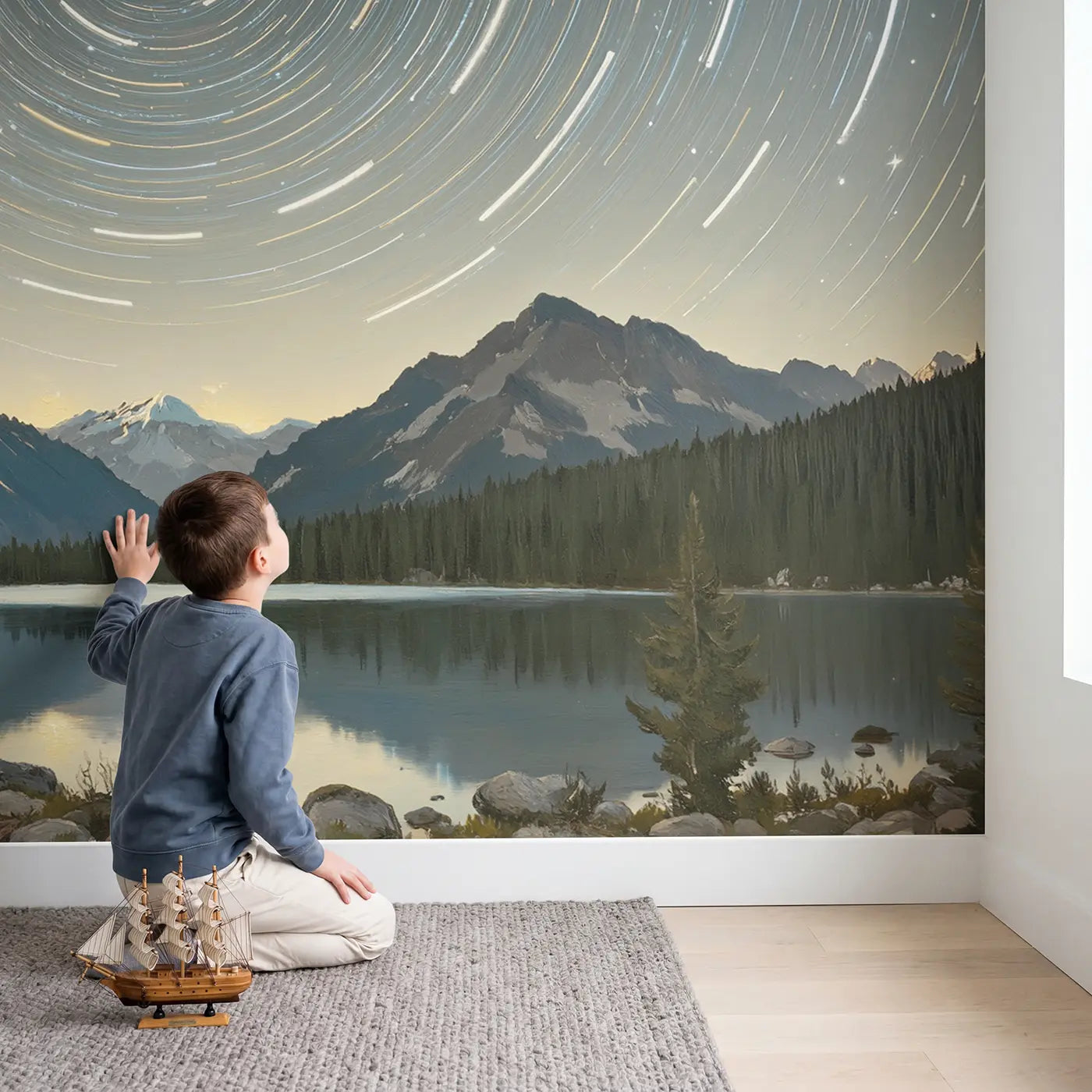 Child in nursery with Mountain Star Trail Night Wallpaper Mural by Whimsy Tots
