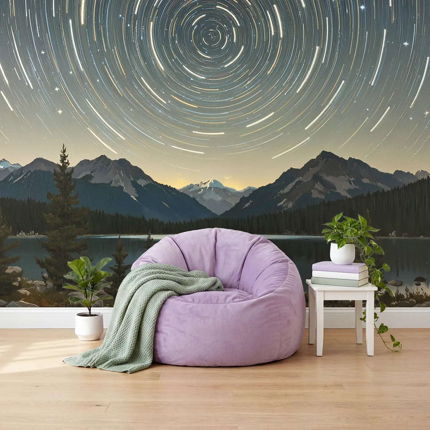Mountain Star Trail Night Wallpaper Mural in playroom setting by Whimsy Tots