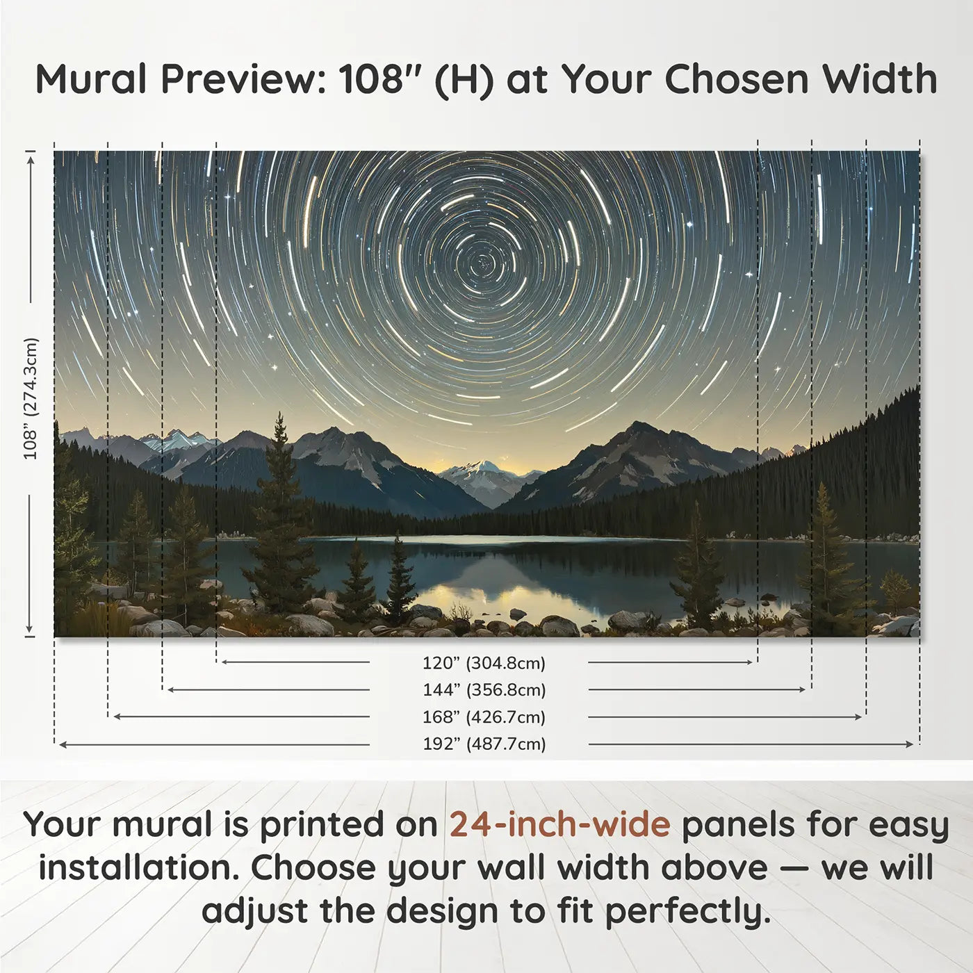 Panel layout and dimensions for Mountain Star Trail Night Wallpaper Mural by Whimsy Tots