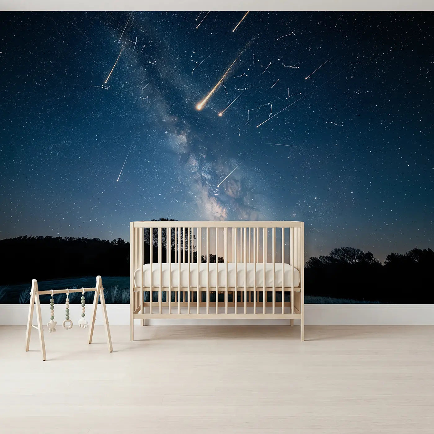 Soft pastel star and shooting star wallpaper mural for nursery by Whimsy Tots