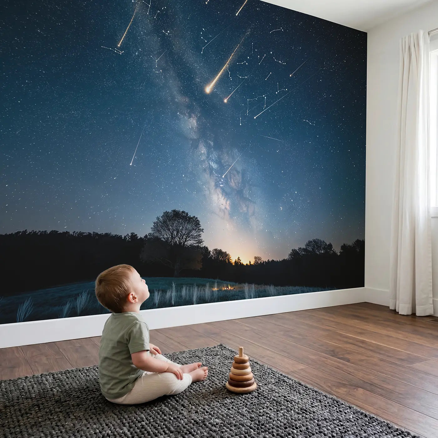 Child in nursery with Night Sky Shooting Star Trails Wallpaper Mural by Whimsy Tots