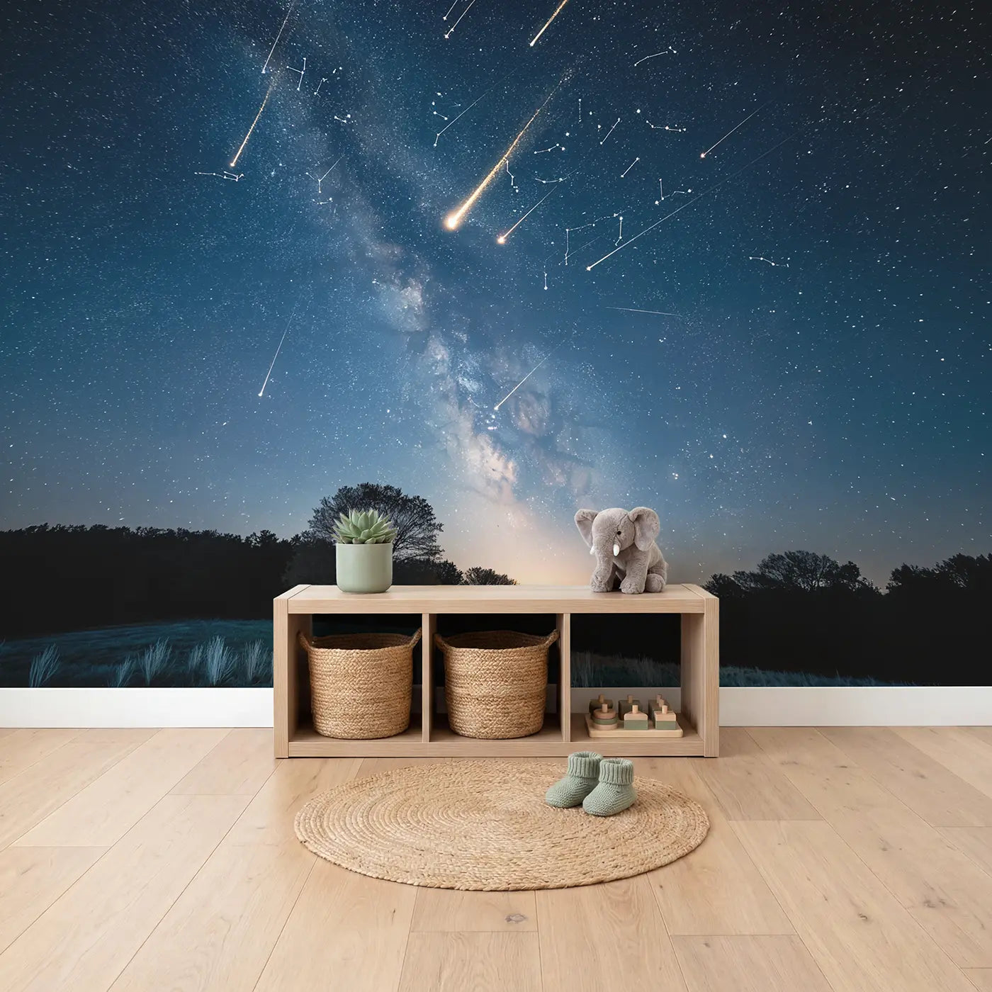 Night Sky Shooting Star Trails Wallpaper Mural in playroom setting by Whimsy Tots