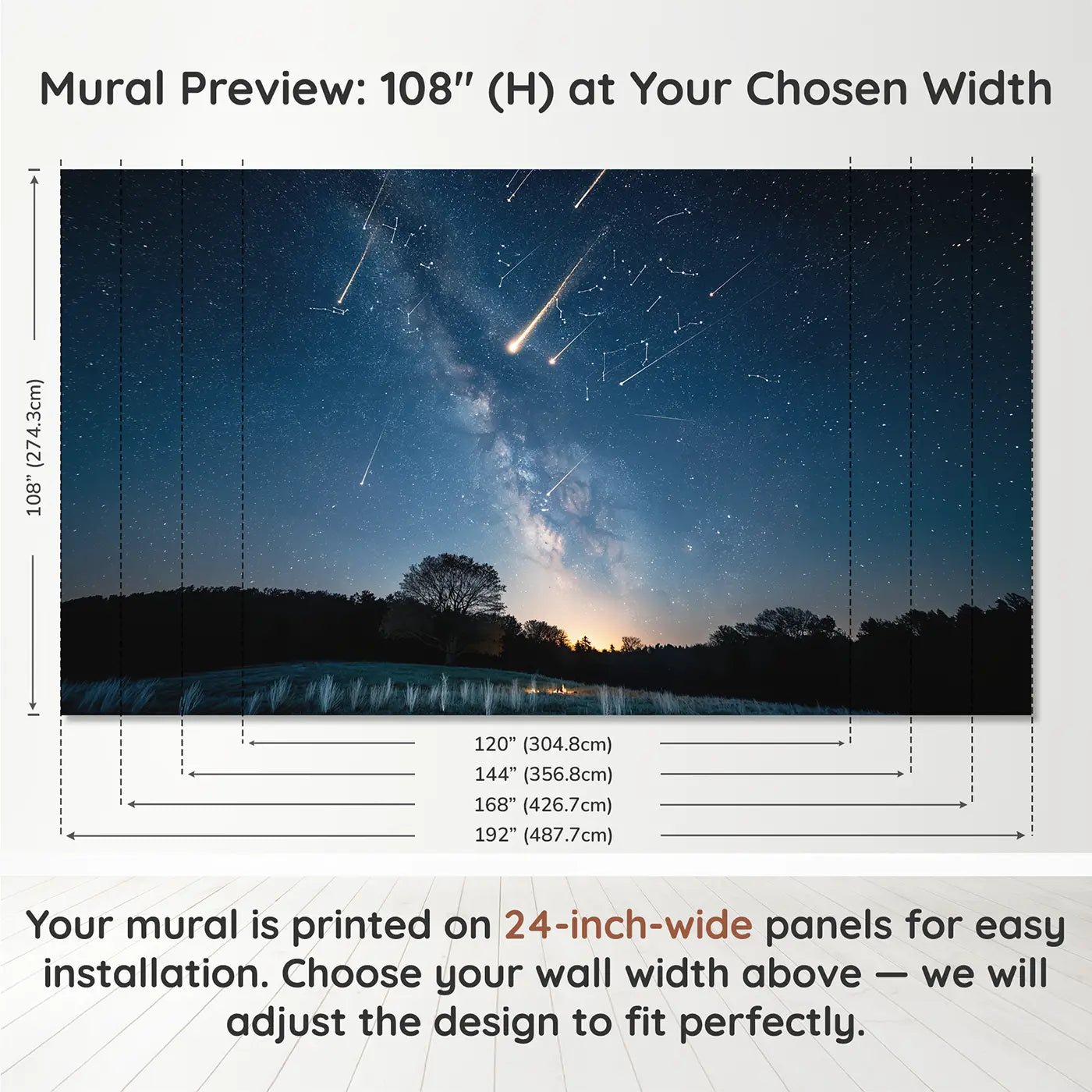 Panel layout and dimensions for Night Sky Shooting Star Trails Wallpaper Mural by Whimsy Tots