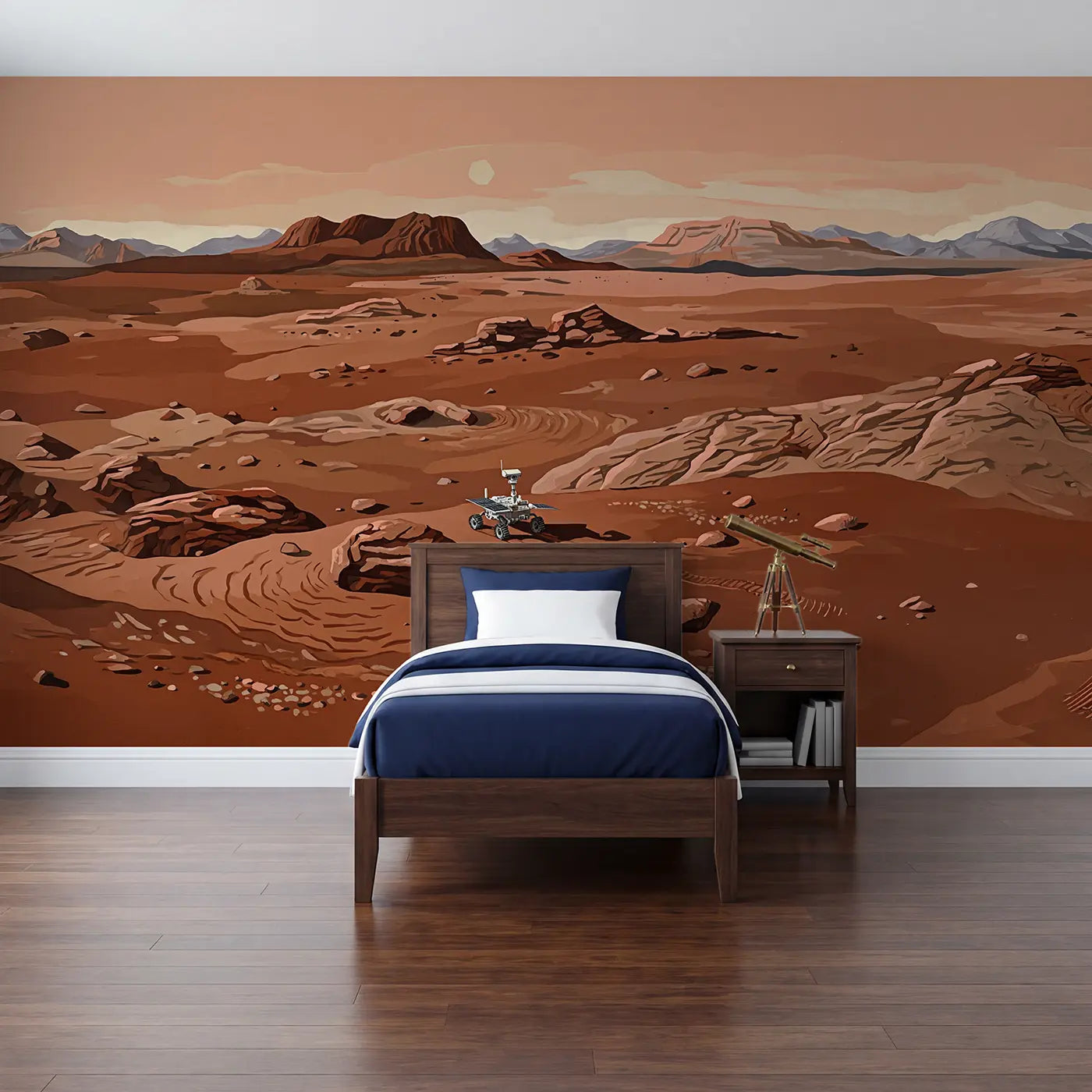 Modern illustration Mars rover red planet landscape wallpaper mural for kids room by Whimsy Tots