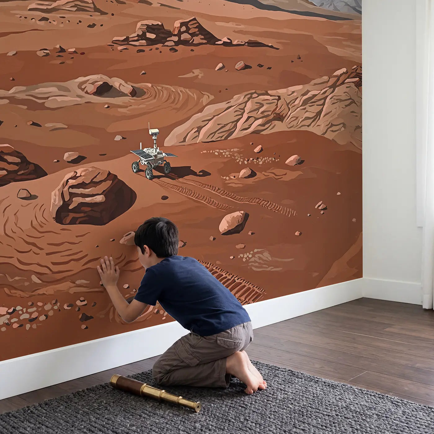 Child in nursery with Mars Rover Red Planet Landscape Wallpaper Mural by Whimsy Tots