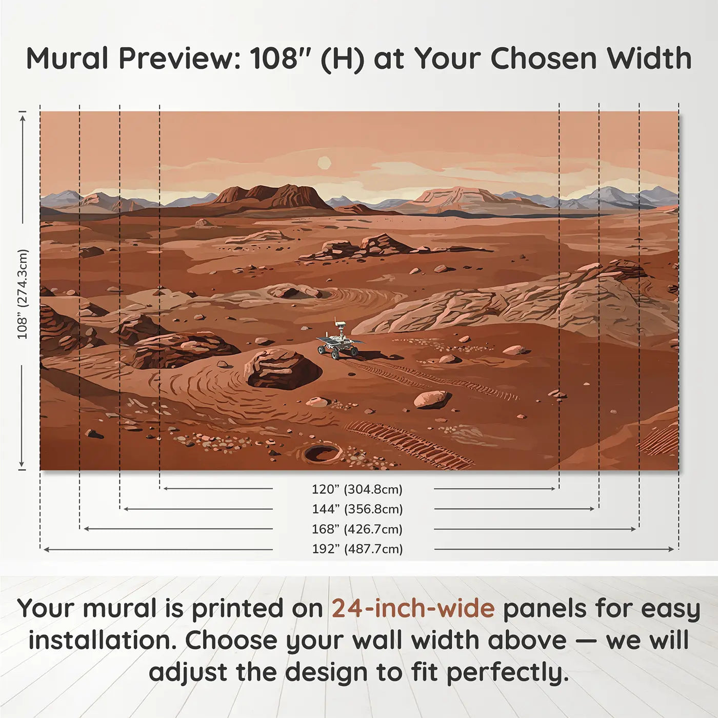 Panel layout and dimensions for Mars Rover Red Planet Landscape Wallpaper Mural by Whimsy Tots