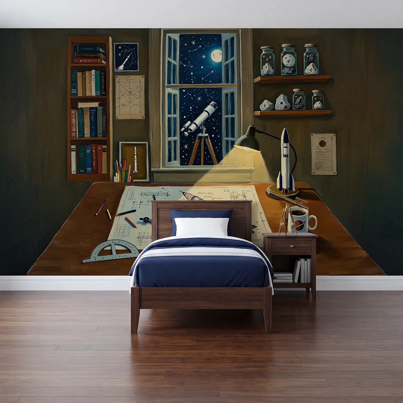 Painted rocket and star wallpaper mural for kids room by Whimsy Tots