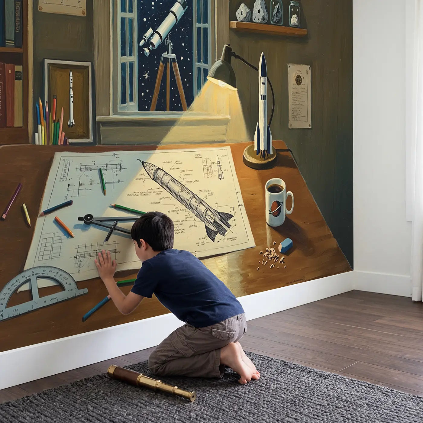 Child in nursery with Rocket Blueprint Night Office Wallpaper Mural by Whimsy Tots