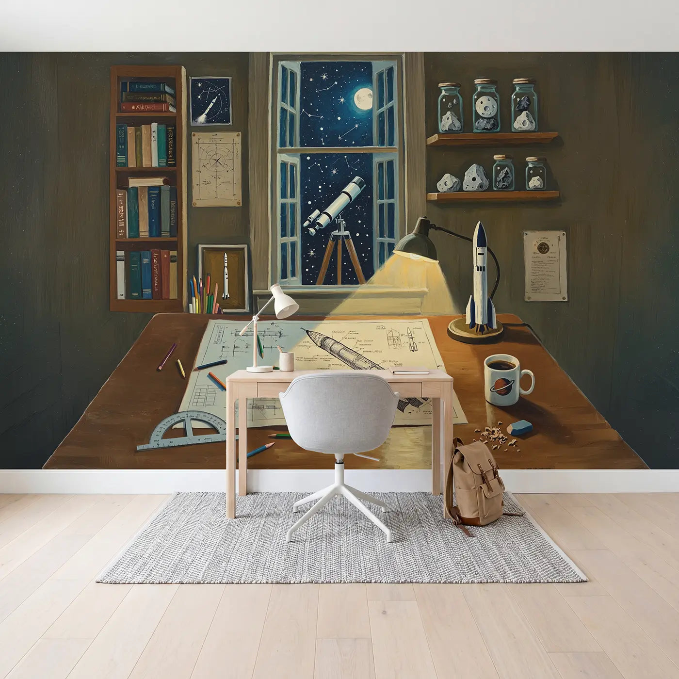 Rocket Blueprint Night Office Wallpaper Mural in playroom setting by Whimsy Tots