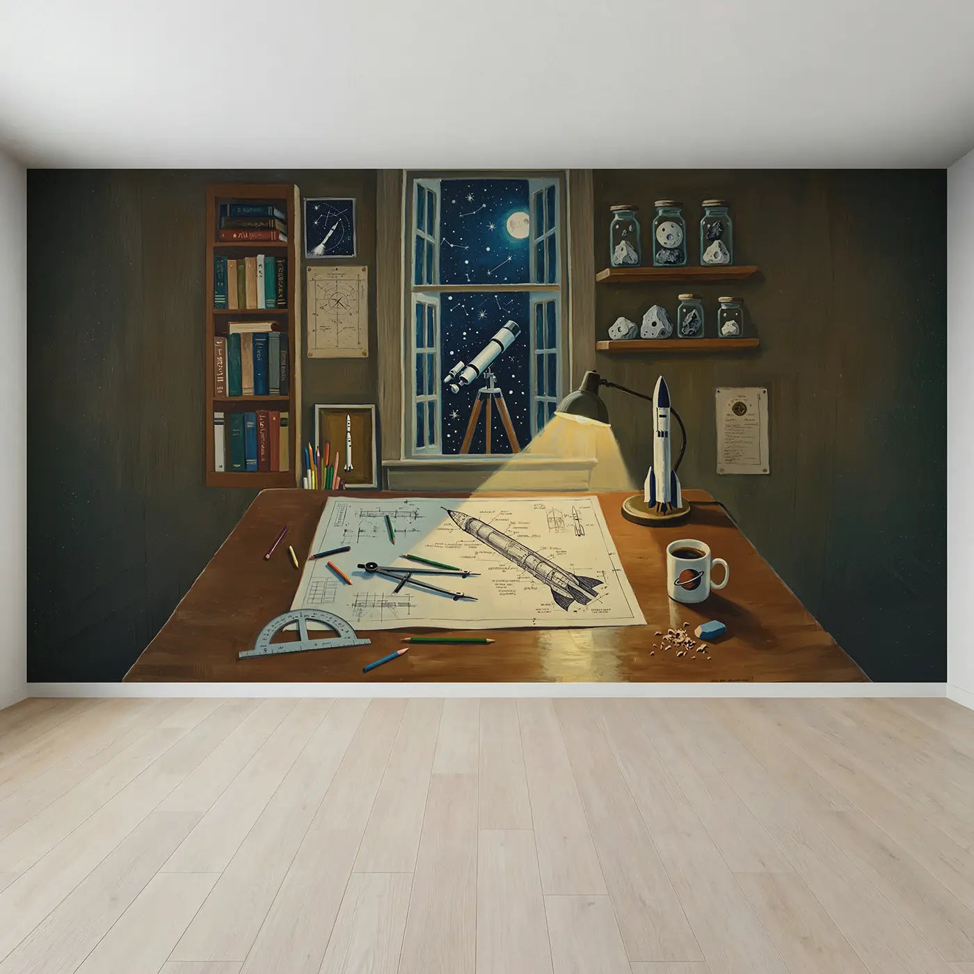 Full view of Rocket Blueprint Night Office Wallpaper Mural by Whimsy Tots
