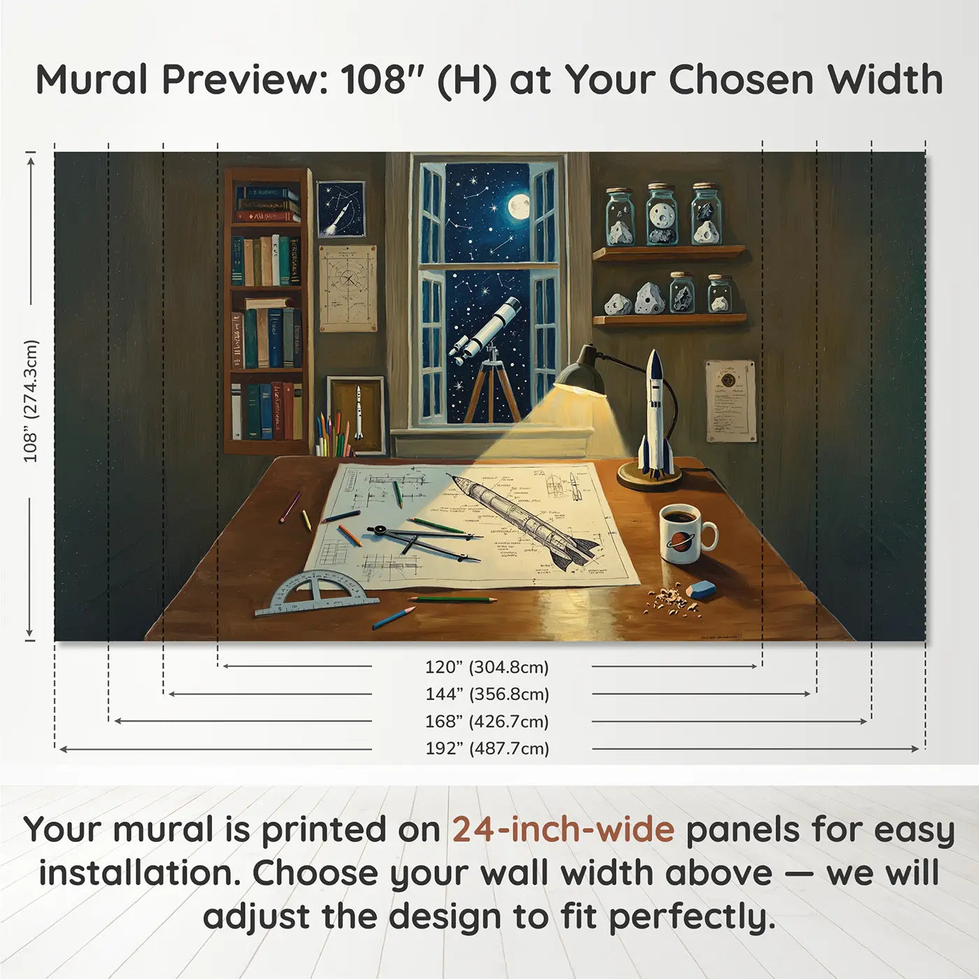 Panel layout and dimensions for Rocket Blueprint Night Office Wallpaper Mural by Whimsy Tots