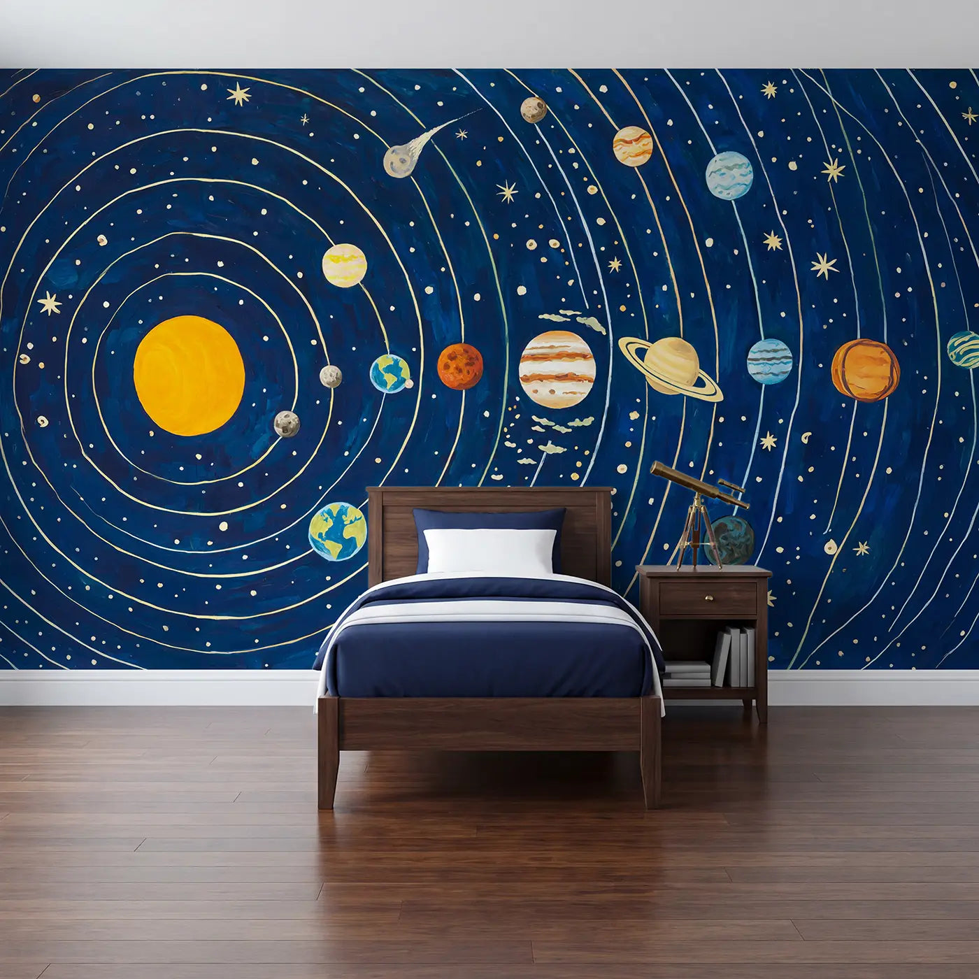 Modern illustration planet and star space wallpaper mural for kids room by Whimsy Tots
