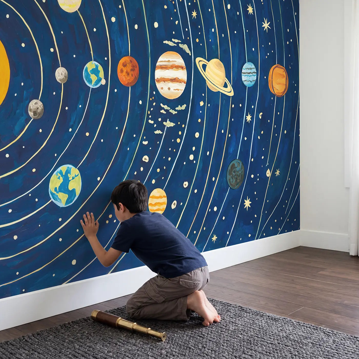 Child in nursery with Solar System Orbit Map Wallpaper Mural by Whimsy Tots