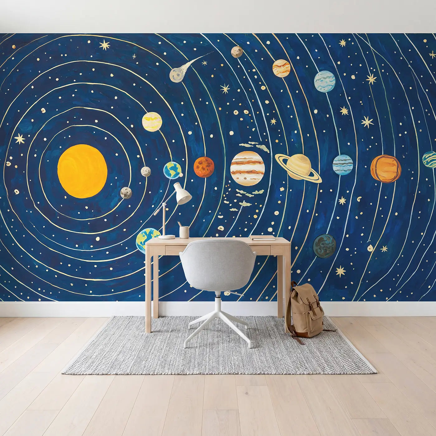Solar System Orbit Map Wallpaper Mural in playroom setting by Whimsy Tots