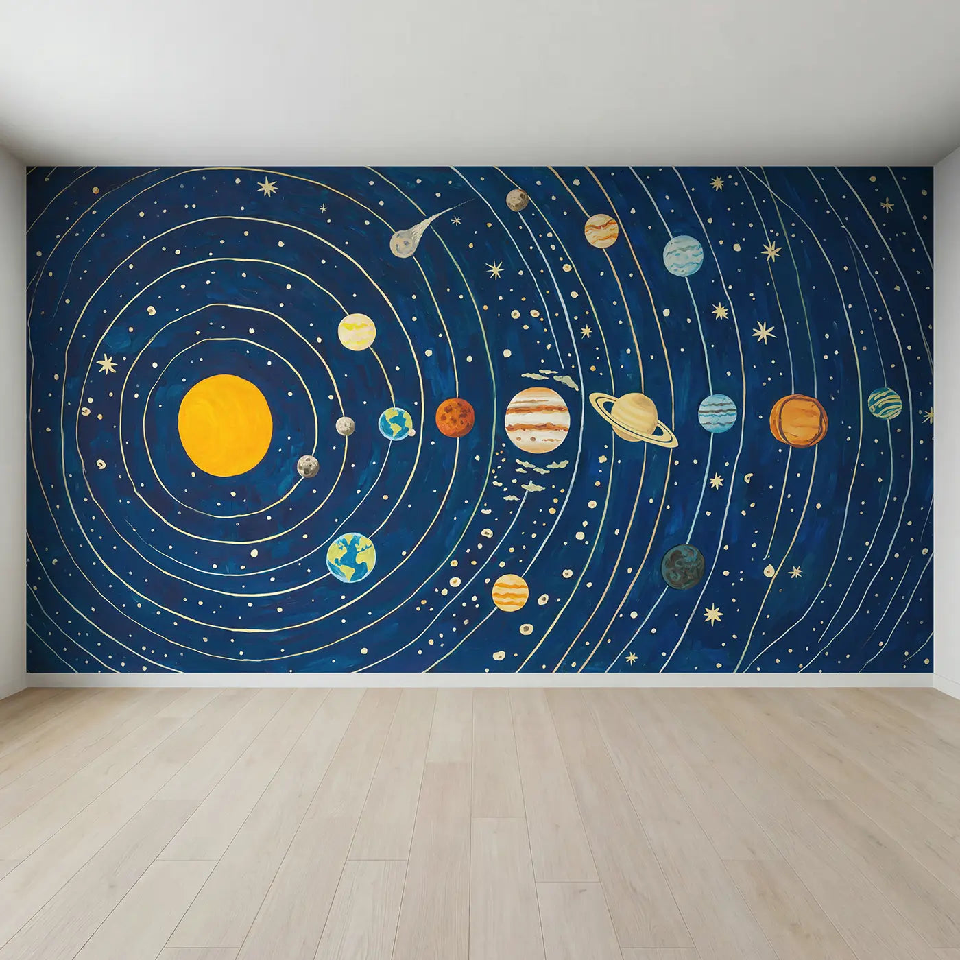 Full view of Solar System Orbit Map Wallpaper Mural by Whimsy Tots