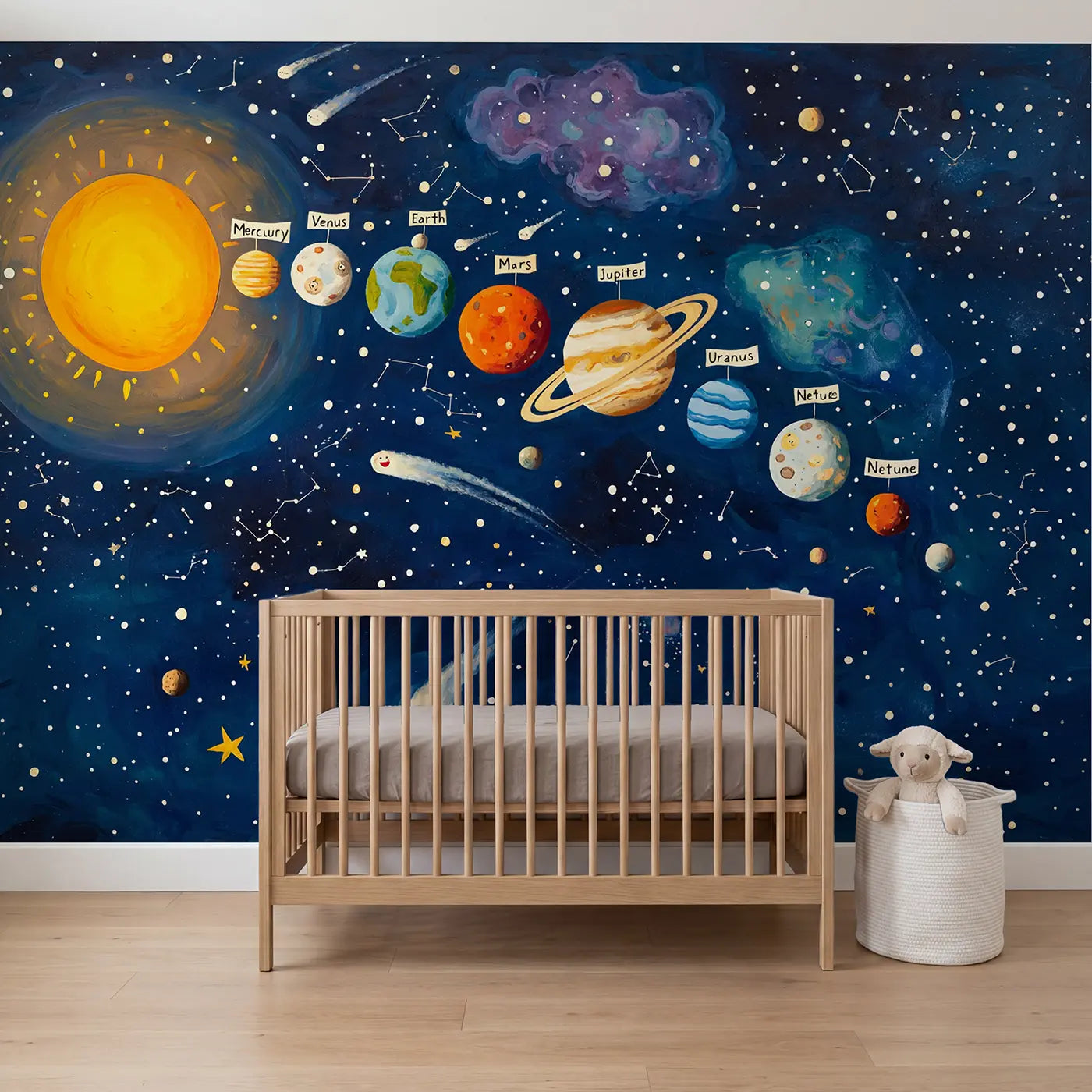 Modern illustration solar system planet parade wallpaper mural for kids room by Whimsy Tots