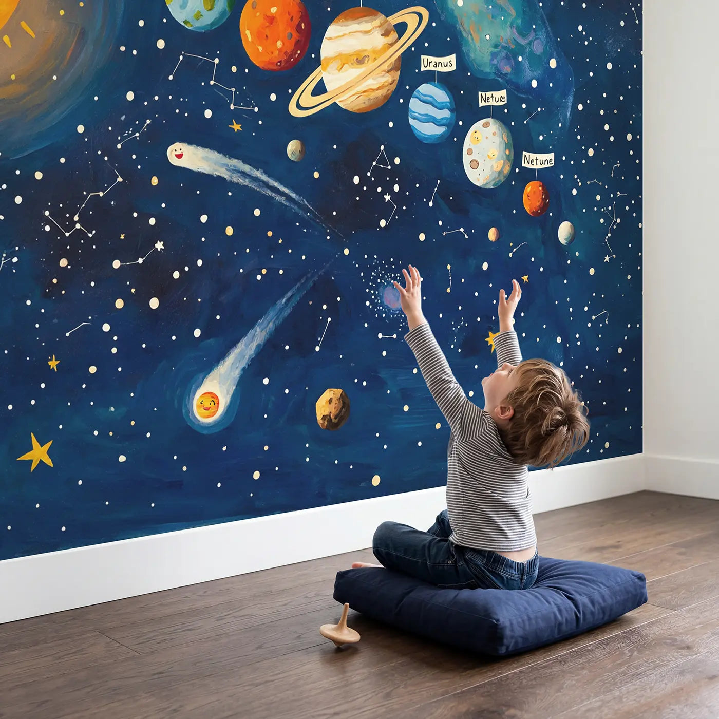 Child in nursery with Solar System Planet Parade Wallpaper Mural by Whimsy Tots