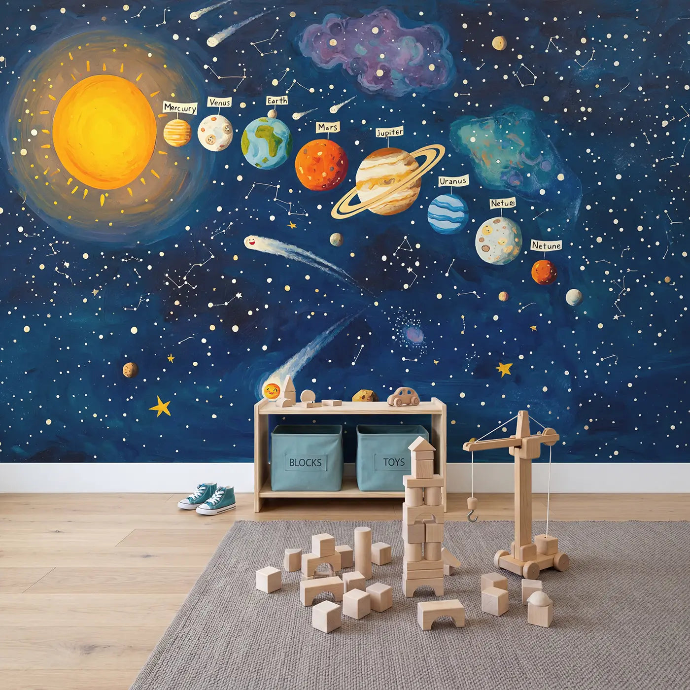 Solar System Planet Parade Wallpaper Mural in playroom setting by Whimsy Tots