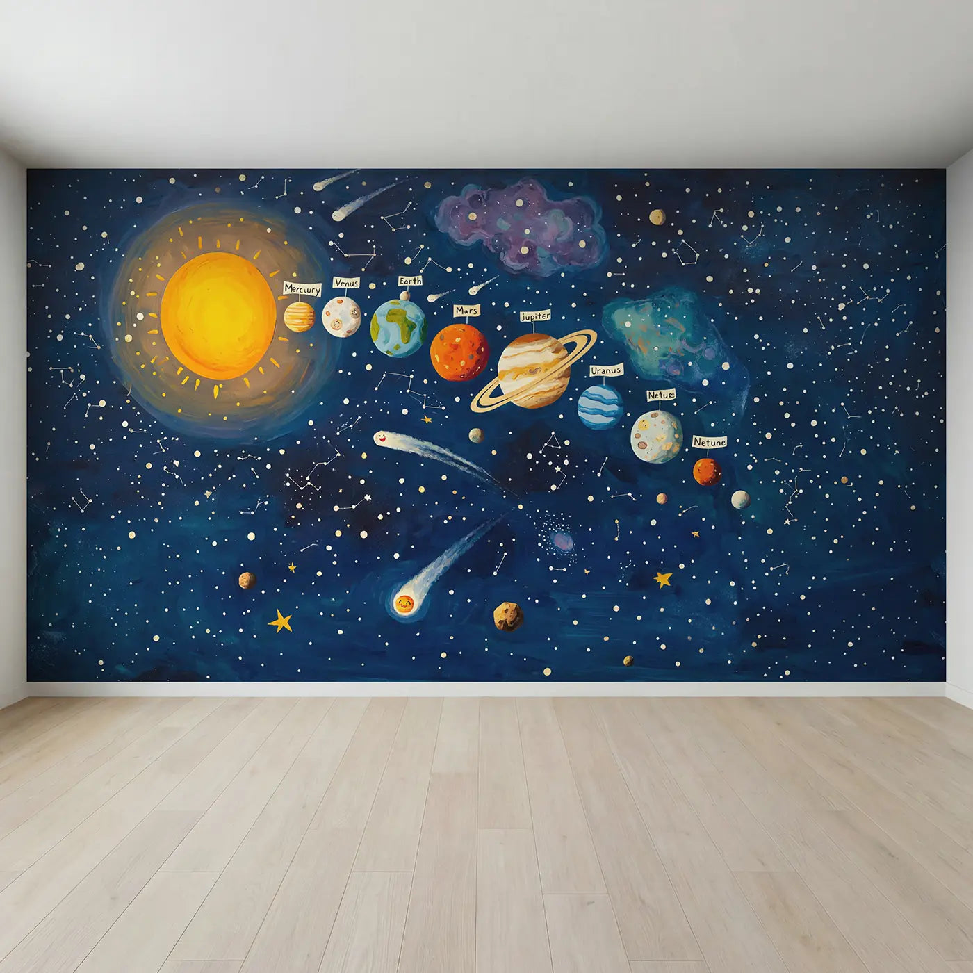 Full view of Solar System Planet Parade Wallpaper Mural by Whimsy Tots