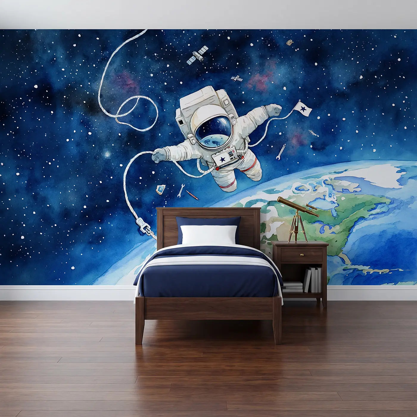 Watercolor little astronaut earth orbit wallpaper mural for kids room by Whimsy Tots