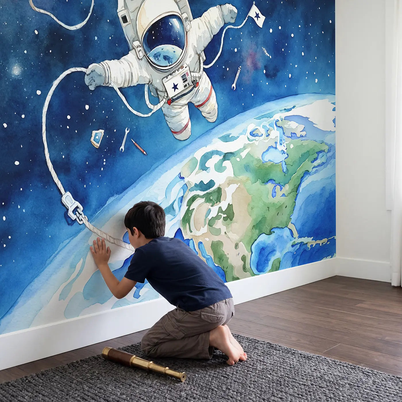 Child in nursery with Little Astronaut Earth Orbit Wallpaper Mural by Whimsy Tots