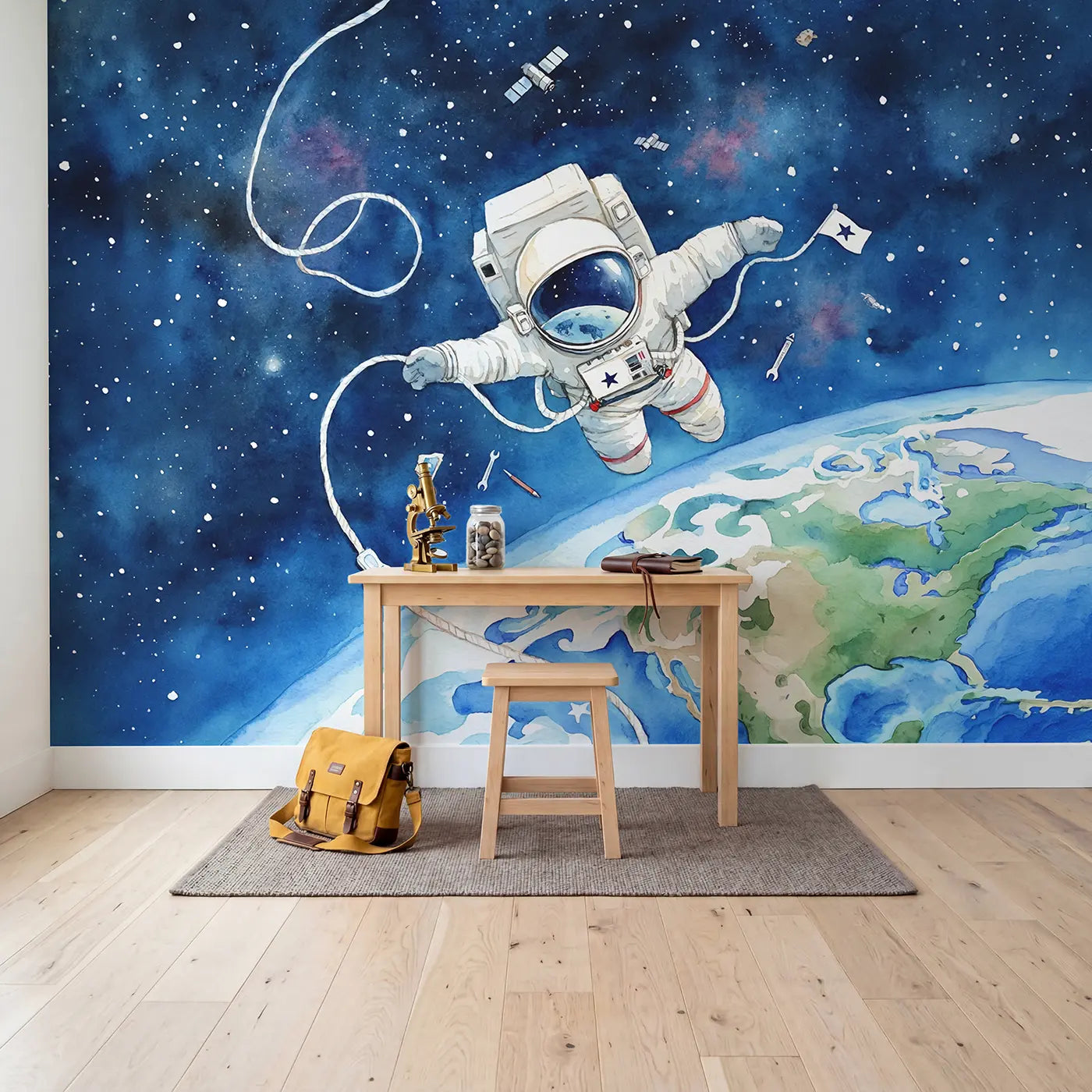 Little Astronaut Earth Orbit Wallpaper Mural in playroom setting by Whimsy Tots