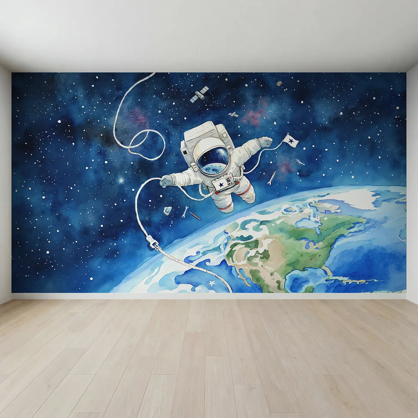 Full view of Little Astronaut Earth Orbit Wallpaper Mural by Whimsy Tots