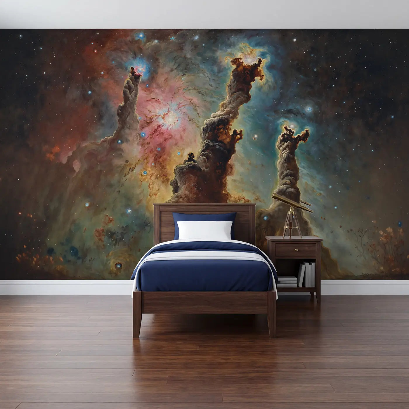 Modern illustration nebula planets galaxy wallpaper mural for kids room by Whimsy Tots