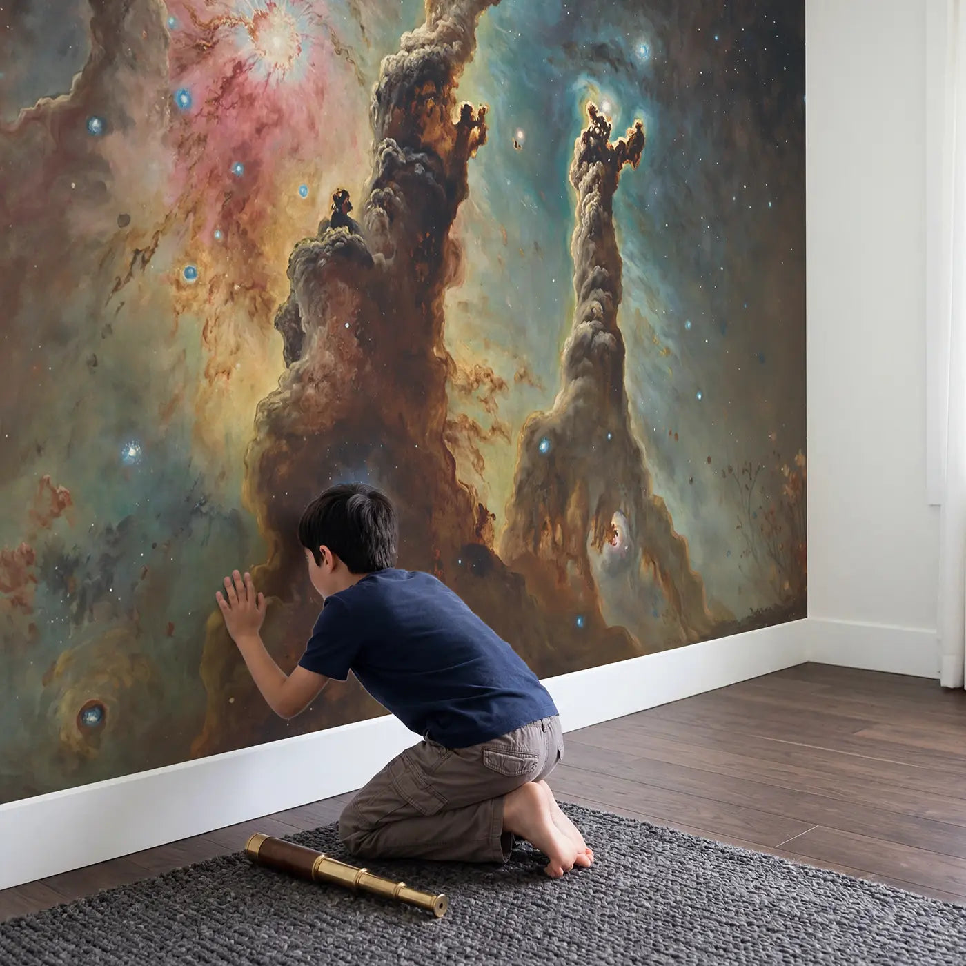 Child in nursery with Stellar Nursery Nebula Wallpaper Mural by Whimsy Tots