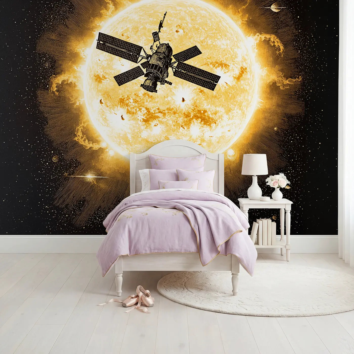 Block print space station sun transit wallpaper mural for girls room by Whimsy Tots