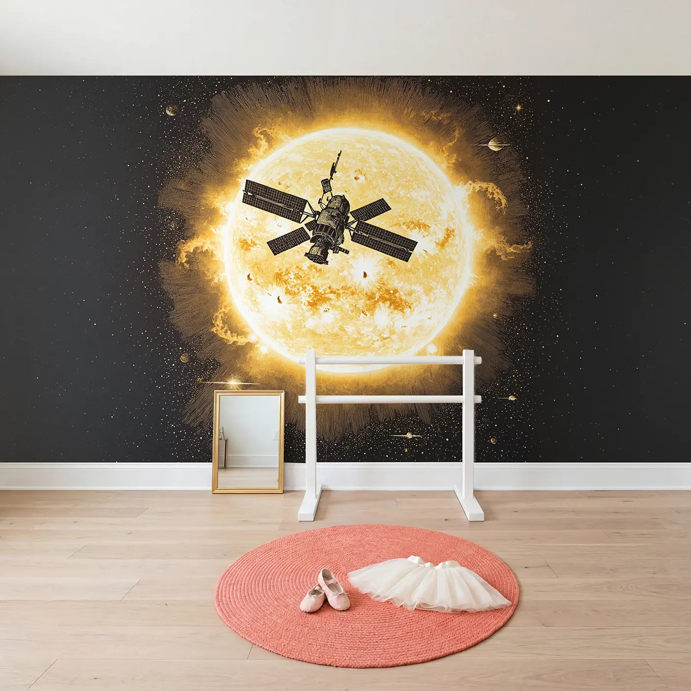 Space Station Sun Transit Wallpaper Mural in playroom setting by Whimsy Tots