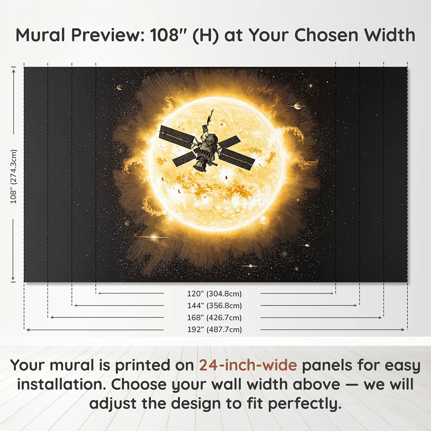 Panel layout and dimensions for Space Station Sun Transit Wallpaper Mural by Whimsy Tots