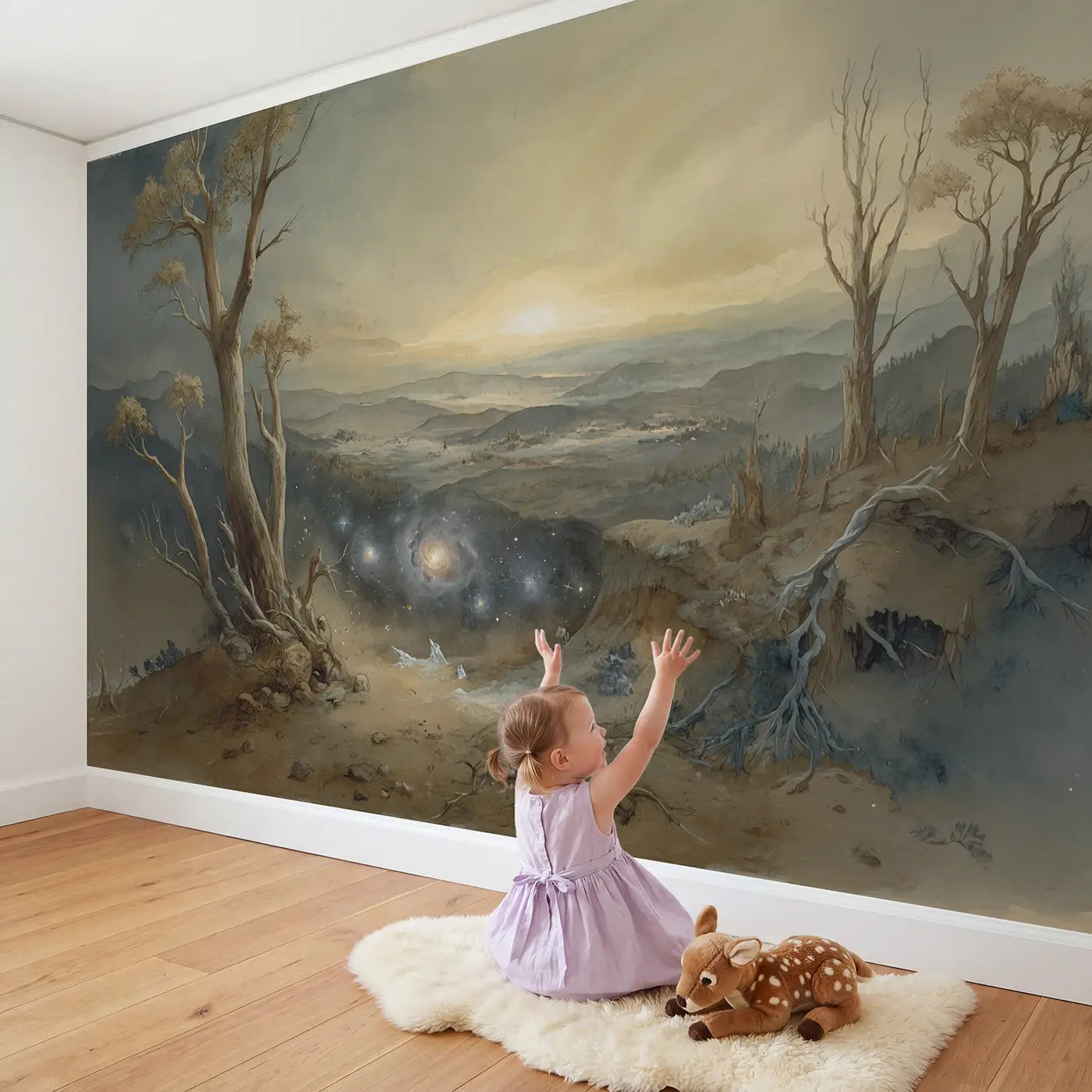 Child in nursery with Planetary Nebula Ring Structure Wallpaper Mural by Whimsy Tots