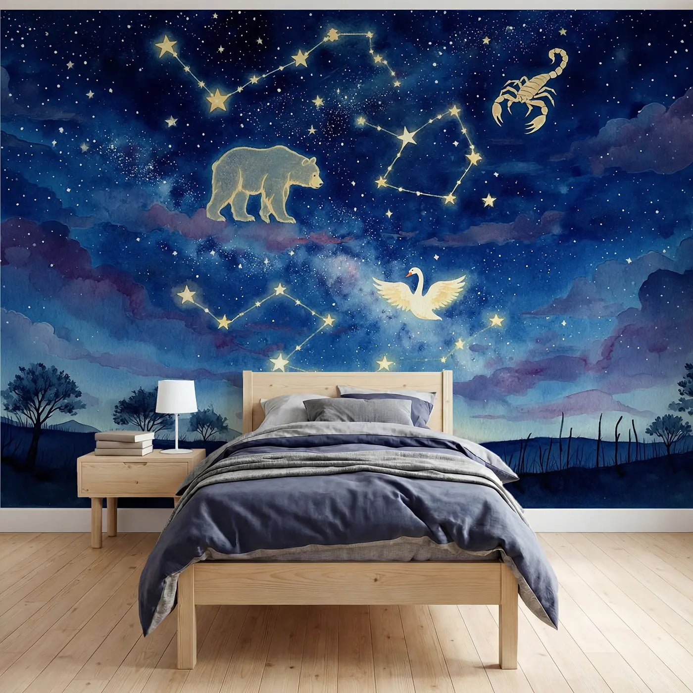 watercolor living constellation night sky wallpaper mural for boys room by Whimsy Tots