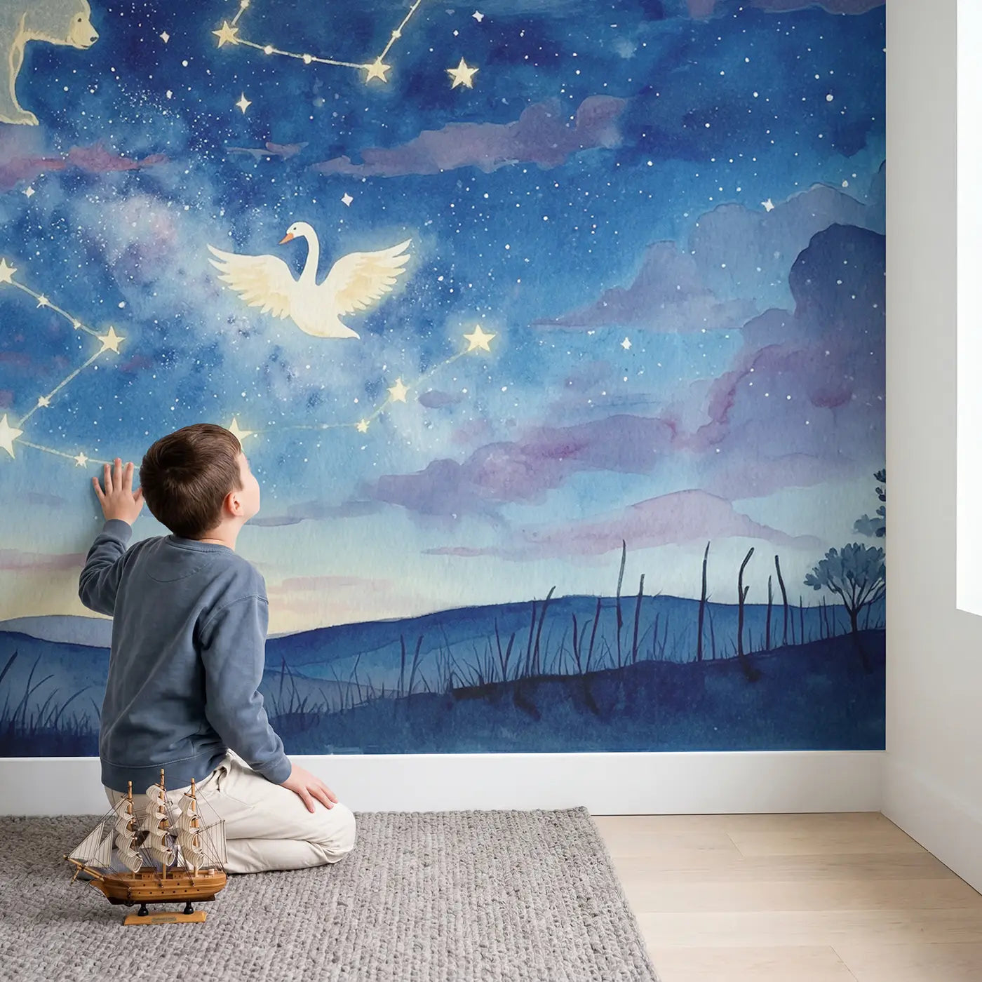 Child in nursery with Living Constellation Night Sky Wallpaper Mural by Whimsy Tots