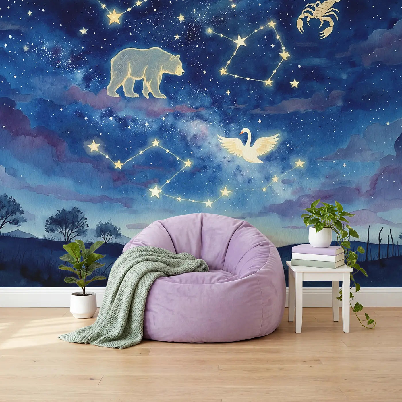 Living Constellation Night Sky Wallpaper Mural in playroom setting by Whimsy Tots
