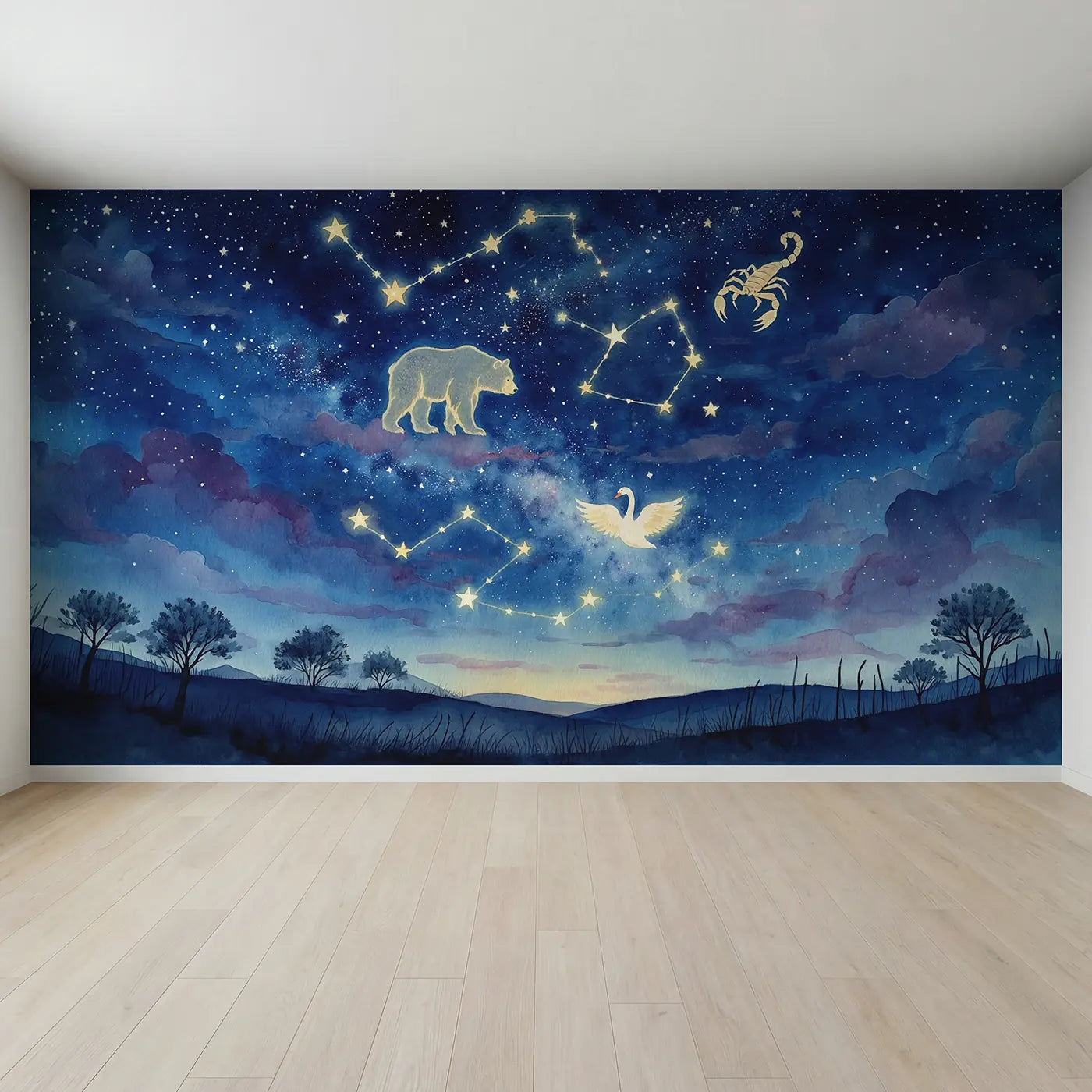 Full view of Living Constellation Night Sky Wallpaper Mural by Whimsy Tots