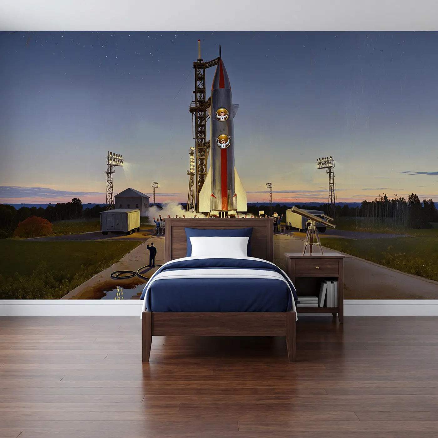 Painted landscape astronaut family rocket launch wallpaper mural for kids room by Whimsy Tots