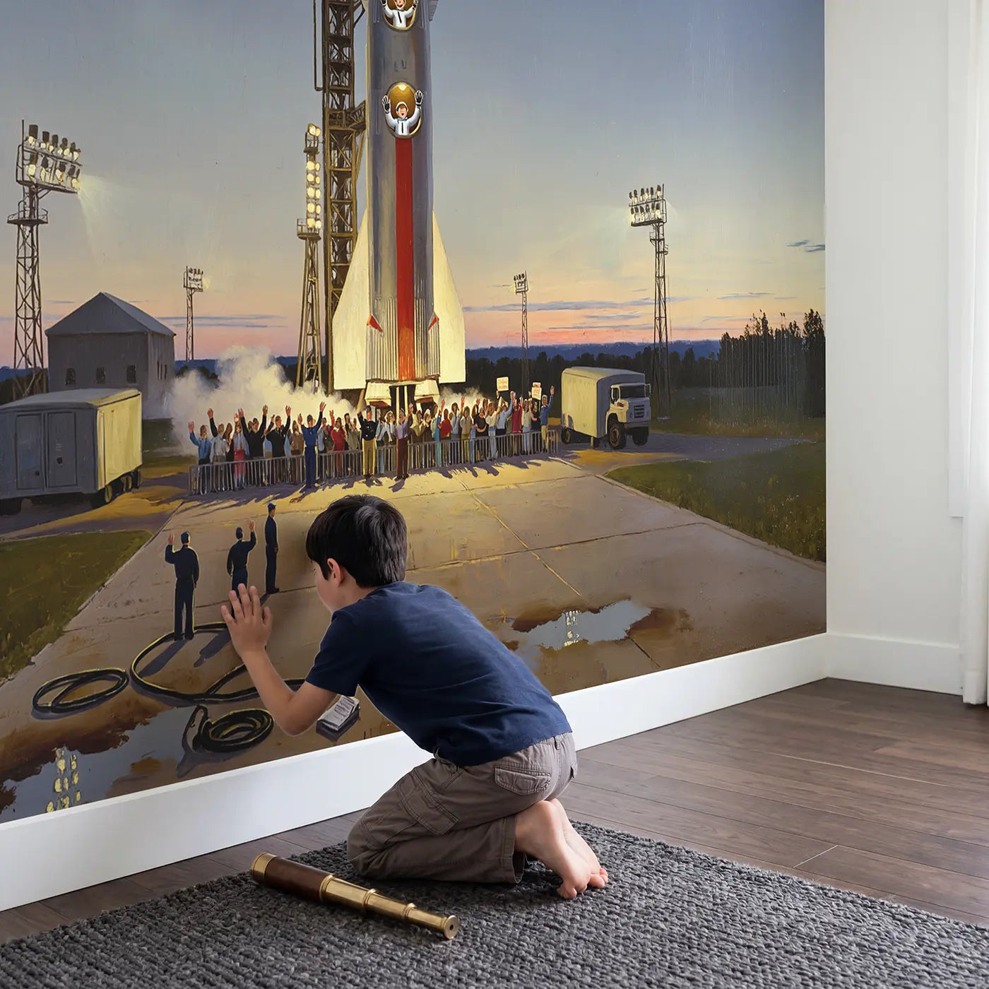 Child in nursery with Astronaut Family Rocket Launch Wallpaper Mural by Whimsy Tots