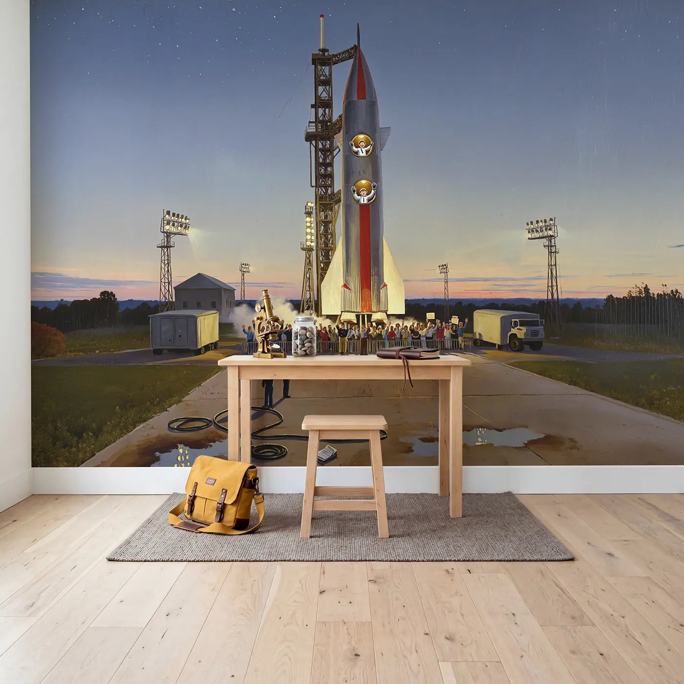 Astronaut Family Rocket Launch Wallpaper Mural in playroom setting by Whimsy Tots