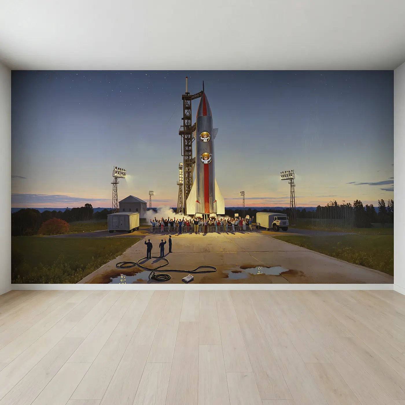 Full view of Astronaut Family Rocket Launch Wallpaper Mural by Whimsy Tots
