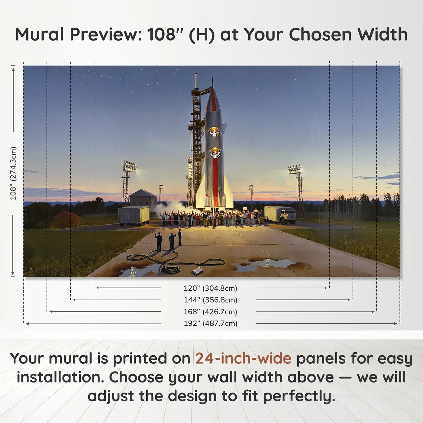 Panel layout and dimensions for Astronaut Family Rocket Launch Wallpaper Mural by Whimsy Tots