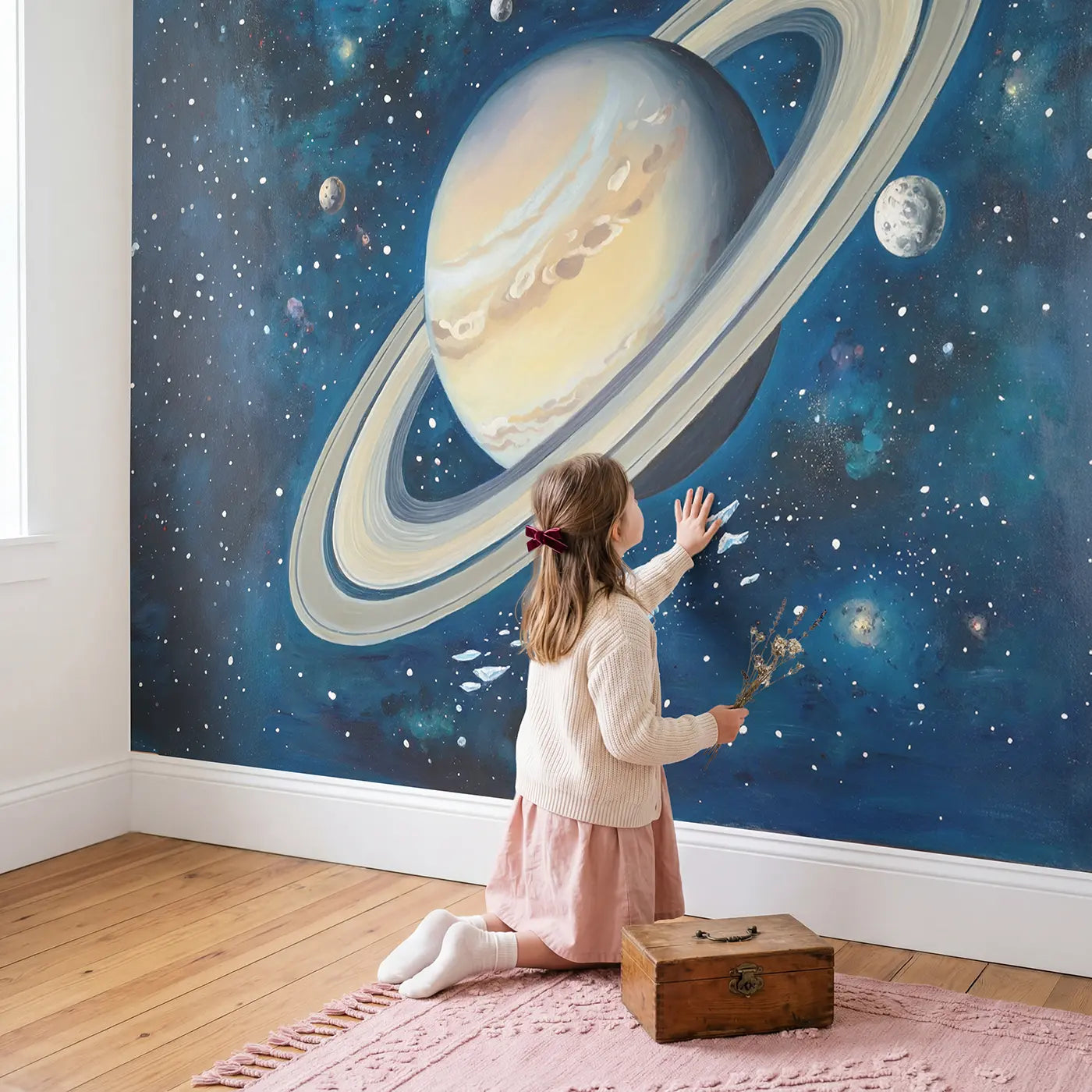 Child in nursery with Saturn Ring Detail Wallpaper Mural by Whimsy Tots