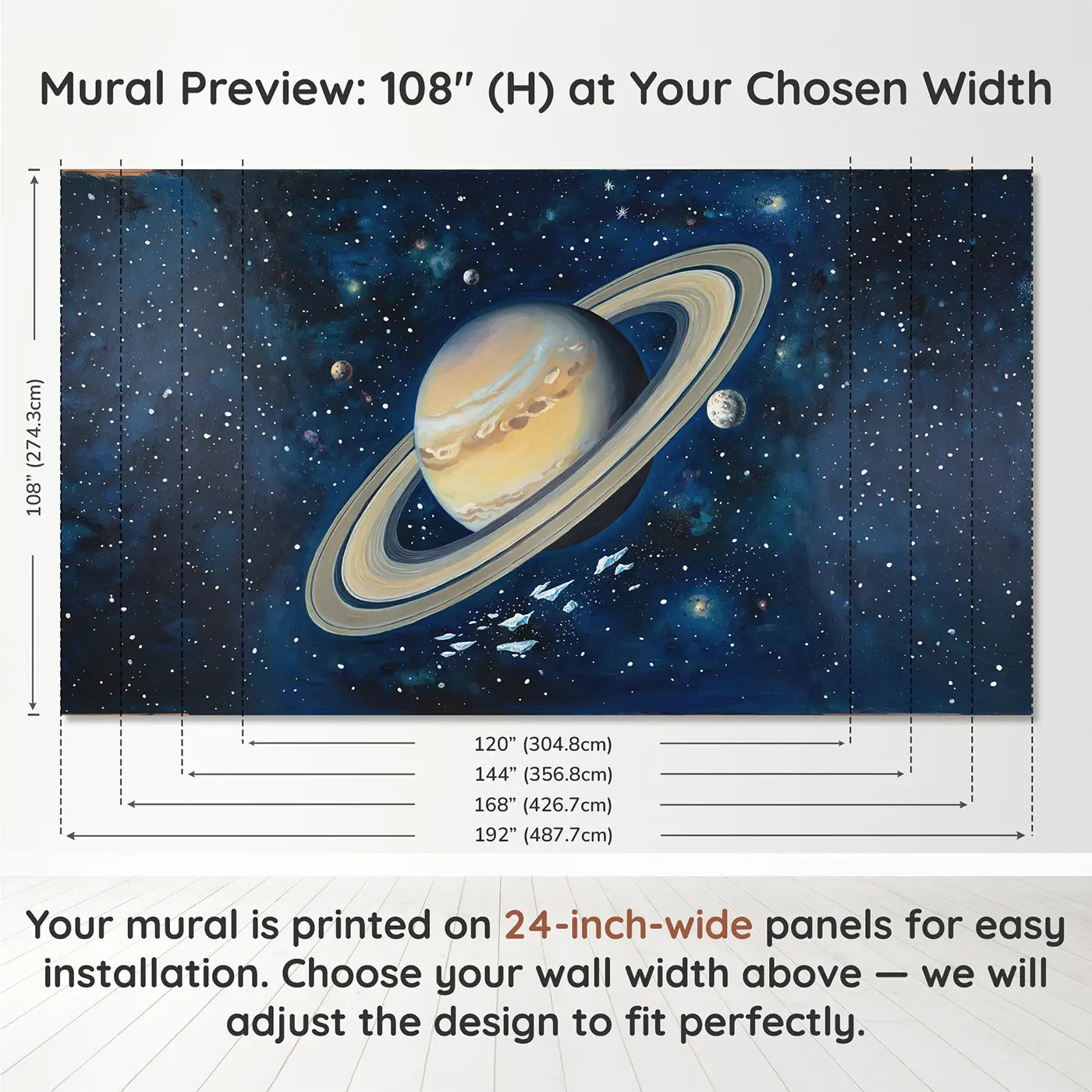 Panel layout and dimensions for Saturn Ring Detail Wallpaper Mural by Whimsy Tots